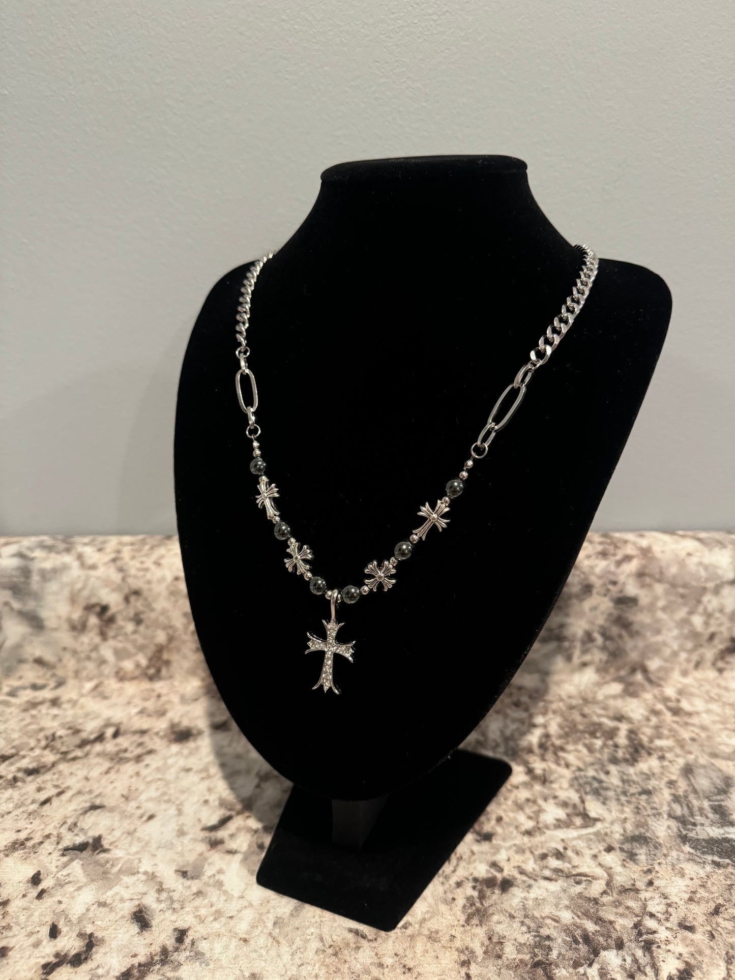 chrome heart pearl cross necklace