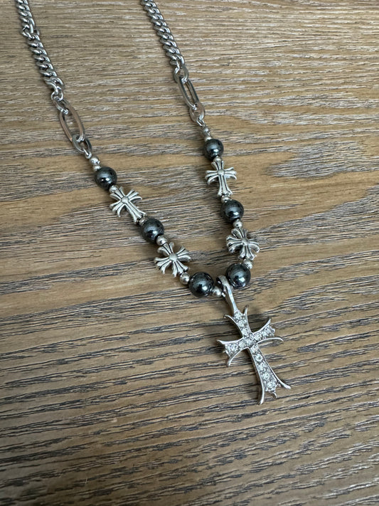 chrome heart pearl cross necklace