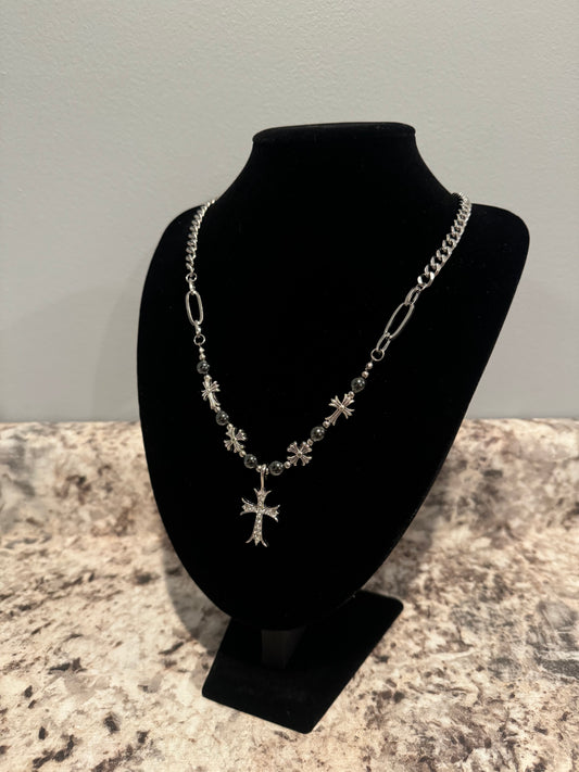 chrome heart pearl cross necklace